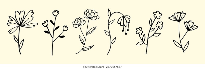 Minimalist floral illustrations of six different flowers, each with unique shapes and simple lines. Flowers in black and white, showcasing delicate florals. Cute hand drawn floral elements, vector set