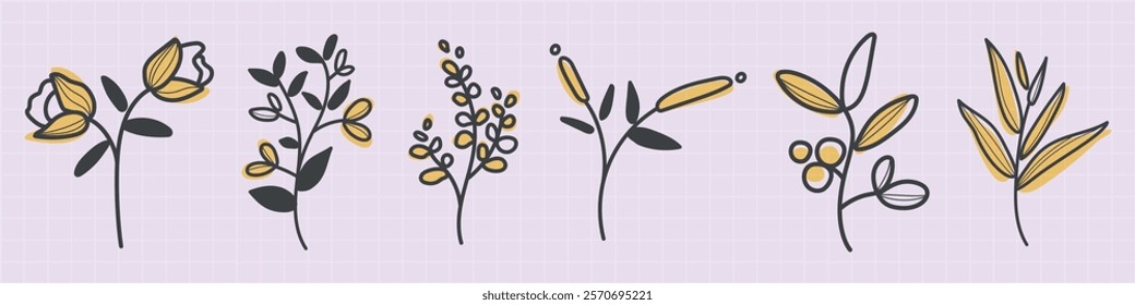 Minimalist floral illustrations with yellow and gray accents. Simple floral designs, elegant and minimalist. Perfect for floral-themed projects and decor. Floral line art vector set.