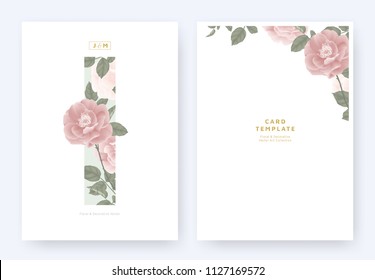 Minimalist floral invitation card template design, pink roses and leaves in blue rectangle on white background, pastel theme