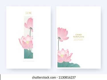 Minimalist floral invitation card template design, pink lotus flowers and leaves in light grey rectangle on white background, pastel vintage theme