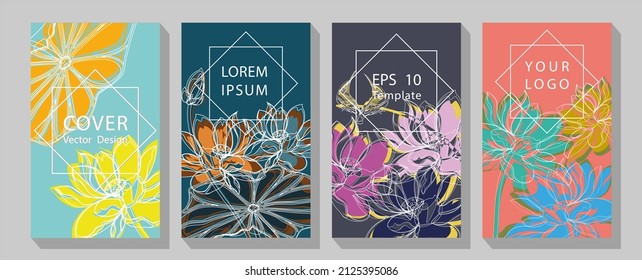 Minimalist floral invitation card template design on white background, pastel vintage theme. Lotus line arts hand draw gold lotus flower and leaves.