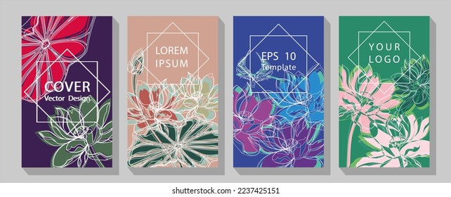 Minimalist floral invitation card template design on white background, pastel vintage theme. Lotus Flower Flora Banner.