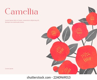 Minimalist floral invitation card template. Red Japanese camellia background, Watercolor style. Cover, card, poster, flyer, banner. Modern art design. Hand drawn. Trendy Flat vector illustration.