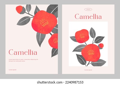 Minimalist floral invitation card template. Red Japanese camellia background, Watercolor style. Cover, card, poster, flyer, banner. Modern art design. Hand drawn. Trendy Flat vector illustration.