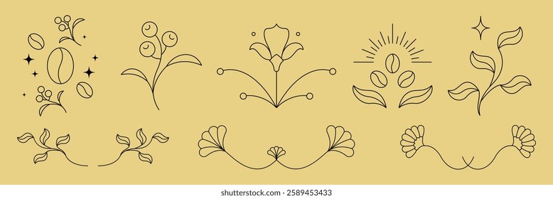 Minimalist floral line art with coffee elements. Elegant floral designs, coffee motifs, and line art create a harmonious blend of nature and coffee. Decorative divider elements, vector set.