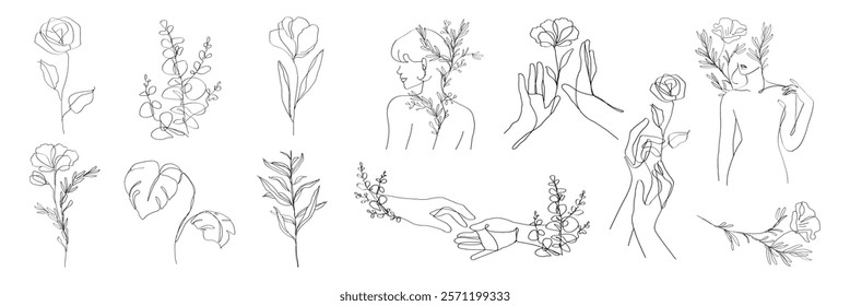 Minimalist floral line art featuring roses, leaves, and hands. Elegant botanical sketches with delicate flowers and foliage. Artistic floral line drawings. Aesthetic illustrations, vector set.