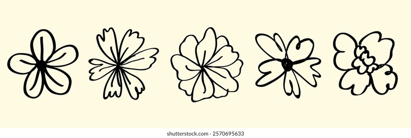 Minimalist floral line art with five abstract flower designs. Simple flower sketches, black lines on a light background. Elegant floral line art for decor. Cute hand drawn floral elements, vector set.