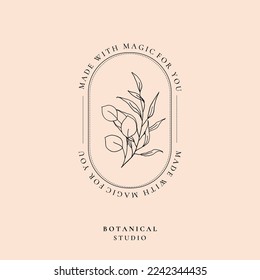 Minimalist floral line art leaves logo template. Botanic outline hand drawn branch, twig monogram design. Wedding pencil sketch elegant botanical logo greenery vector illustration