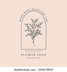 Minimalist floral line art leaves logo template. Botanic outline hand drawn branch, twig monogram design. Wedding pencil sketch elegant botanical logo greenery vector illustration