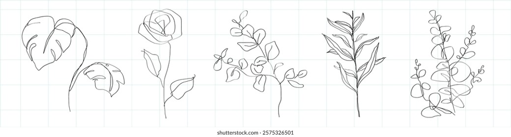 Minimalist floral line art on grid paper. Simple floral designs, line art flowers, minimalist style. Delicate line art, floral sketches, minimalist art. Cute hand drawn floral elements, vector set.