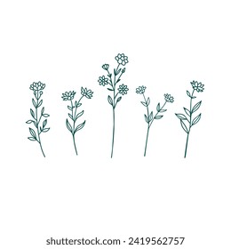 Minimalist floral line art set. Botanical elements, foliage, branches, leaves, flowers. Vector for logo, tattoo, invitation. Elegant and versatile. Perfect for cards. Save the date.