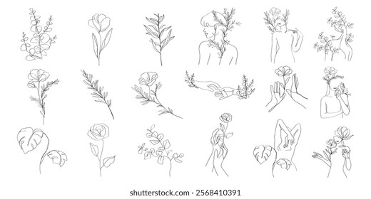 Minimalist floral line art with various flowers and leaves. Includes abstract female figures with flowers. Simple, elegant floral designs. Aesthetic illustrations, vector set.