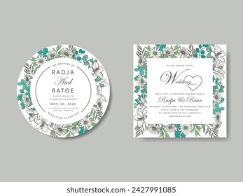 minimalist floral line art wedding invitation card template