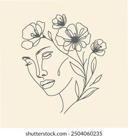 Arte de línea floral minimalista: Cara de mujer con flores en flor.