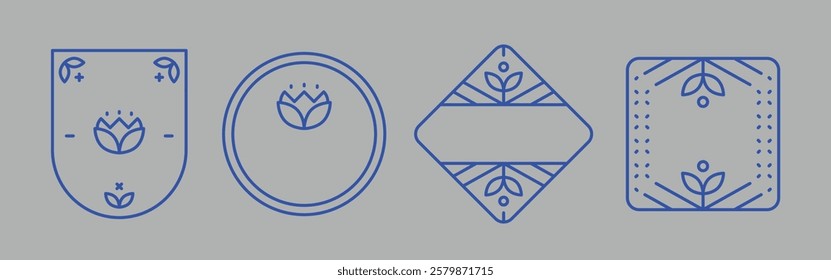 Minimalist floral logo designs in blue outline. Four geometric shapes feature floral motifs. Simple floral elements in circular, square, and diamond forms. Element with copy space, vector set.