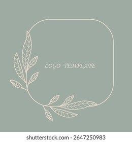 Minimalist floral logo template with elegant botanical frame and soft pastel background, perfect for branding, wedding invitations, eco-friendly design, and natural product packaging
