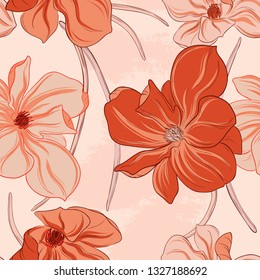 Minimalist floral orange flowers pattern. Vector art. Line art sketch with nature decoration. Endless design. Garden blossom graphic