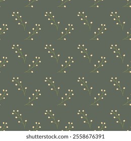 Minimalist floral pattern on olive green background with subtle yellow accents.