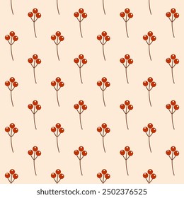 Patrón floral minimalista Diseño sin fisuras con bayas rojas sobre fondo beige Otoño Otoño Temporada.