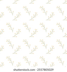 Minimalist floral pattern with simple yellow branches and leaves on white background.