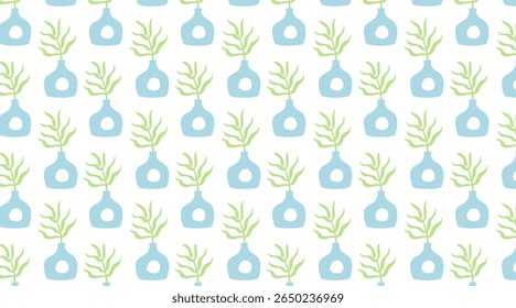 Minimalist floral pattern with stylized green leaves in contemporary clay vases, perfect for eco projects, home decor, or botanical stationery on a white background.