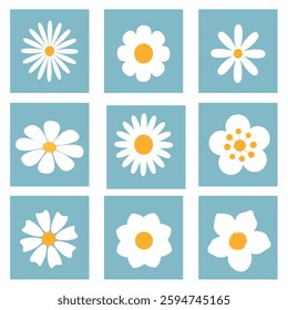 Minimalist floral pattern with white and yellow daisy  flowers arranged in a geometric grid on a blue background