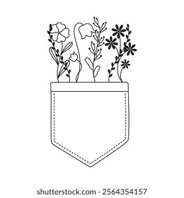 Minimalist Floral Pocket Vector, Black and White Botanical Line Art with Pocket Overflowing Flowers and Leafy Spring