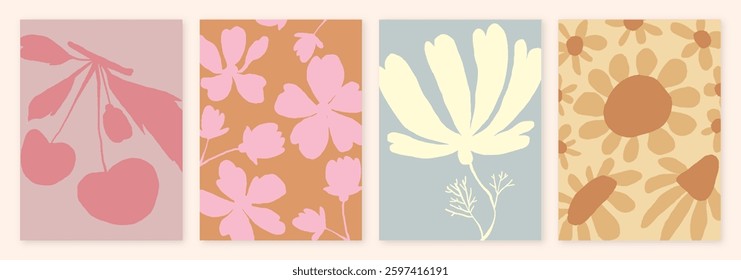 Minimalist Floral Poster in Vintage Style with Soft Pastel Colors. Delicate leaf and flower silhouettes in warm, earthy tones. Perfect for modern wall art, branding, stationery, and digital