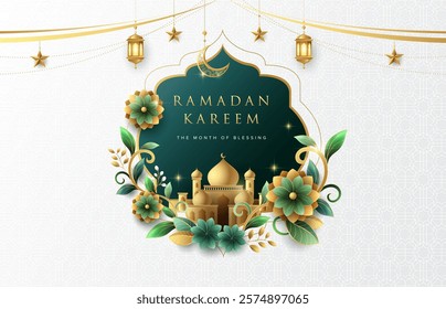 Minimalist floral Ramadan Kareem greeting design on white background with gold ornament star, moon and lanterns. Suitable for raya and ramadan template concept.