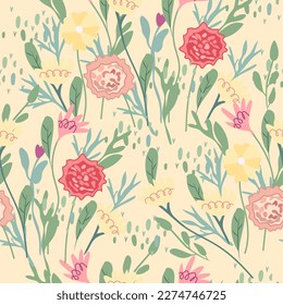 Patrón sin costuras floral minimalista. Flores brillantes y hojas verdes. Florencia primaveral y lujo. El patrón puede utilizarse como textil, tela, papel pintado, pancarta, etc. Vector