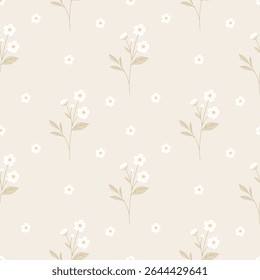 Minimalist floral seamless pattern featuring delicate white wildflowers and soft green leaves on a warm cream background. Ideal for nursery decor, baby clothin Scandinavian or cottagecore aesthetic.