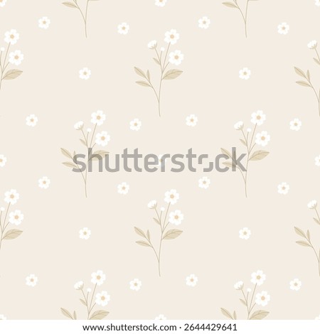 Minimalist floral seamless pattern featuring delicate white wildflowers and soft green leaves on a warm cream background. Ideal for nursery decor, baby clothin Scandinavian or cottagecore aesthetic.