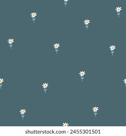 Minimalist floral seamless pattern. Flower meadow, spring field, chamomile blossom in simple scandinavian hand-drawn cartoon style. The limited pastel palette for baby clothes, textiles, fabric