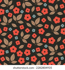 Patrón sin costuras floral minimalista. Flores y hojas sobre fondo oscuro. Ilustración vectorial.