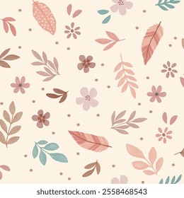 Minimalist floral seamless pattern with multicolor leaves on beige background.