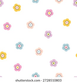 Modelo inconsútil floral minimalista en el fondo blanco con el sentimiento simple del jardín. Iconos ingenuos modernos del doodle con las flores caóticas coloridas para los textiles elegantes de los niños, la tela o el Fondo de pantalla del vivero
