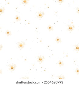 Minimalist Floral Seamless Pattern with White Flowers. Spring Flowers and Green Leaves Design