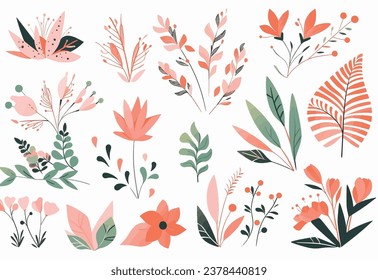 Minimalist Floral Set with Diverse Jungle Objects Isolated on White Backgrounds. illustration. 