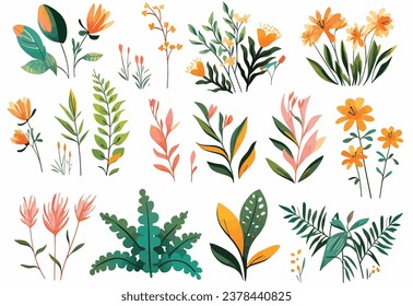 Minimalist Floral Set with Diverse Jungle Objects Isolated on White Backgrounds. illustration. 
