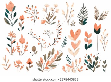 Minimalist Floral Set with Diverse Jungle Objects Isolated on White Backgrounds. illustration. 