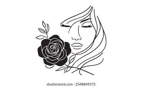 A minimalist floral sketch, using black and white flower outlines to suggest the subtle features of a woman's face, merging nature with human allure.