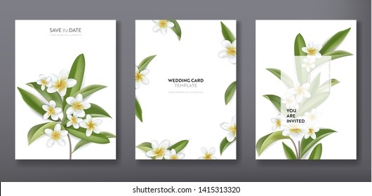 Minimalist floral tropical trendy greeting or wedding invitation card template design, set of poster, flyer, brochure, cover, party advertisement, tropic plumeria flowers in vector