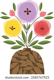 Minimalist Floral Vase Illustration – Colorful Abstract Blooms and Leaves