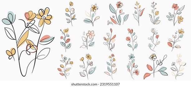Minimalist Floral Vector Art Illustrations for All Occasions. 20 Set collection bundle line art of flower