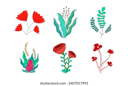 Minimalist floral vector for design element. Flowers and leaves