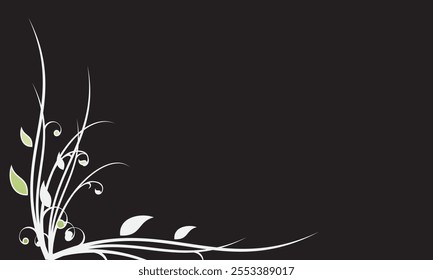 A minimalist floral vector design featuring white flowing branches, curls, and green leaves on a black background. Perfect for cards, banners, or invitations.