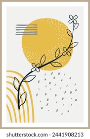 Composición con hermosas flores y hojas con adición de formas geométricas abstractas para un interior estético en estilo boho. Elemento artístico contemporáneo. Vector