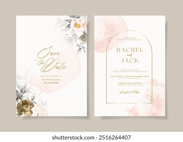 Plantilla de tarjeta de invitación de boda de acuarela floral minimalista