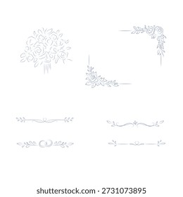 Minimalist floral wedding frame and border line art illustration set with elegant botanical ornaments. Ideal for wedding invitations, save the date cards, menus, signage, and romantic stationery design.