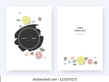 Minimalist floral wedding invitation card template design, dahlia, rose,  Nemophila, anemone and leaves with dark grey badge on white background, pastel vintage theme